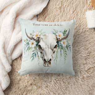 Coussin Boho Chic Aquarelle Florale Vache Crâne