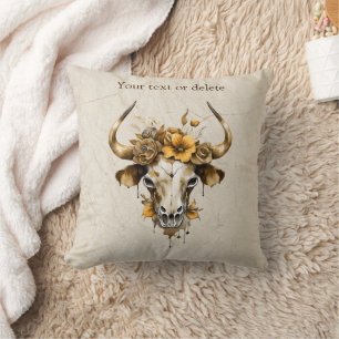 Coussin Boho Chic Aquarelle Florale Vache Crâne