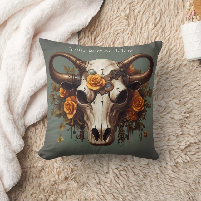 Coussin Boho Chic Aquarelle Steampunk Floral Vache Crâne (Couverture)