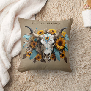 Coussin Boho Chic Aquarelle Tournesol Plumes Vache crâne