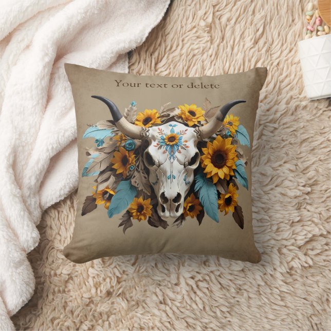 Coussin Boho Chic Aquarelle Tournesol Plumes Vache crâne (Couverture)
