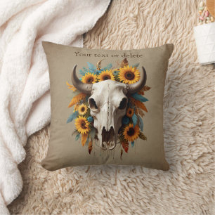 Coussin Boho Chic Aquarelle Tournesol Plumes Vache crâne