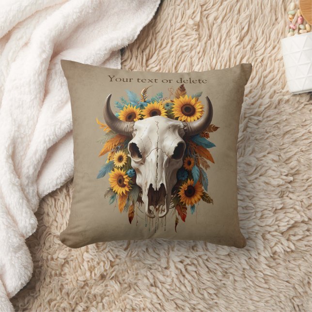 Coussin Boho Chic Aquarelle Tournesol Plumes Vache crâne (Couverture)