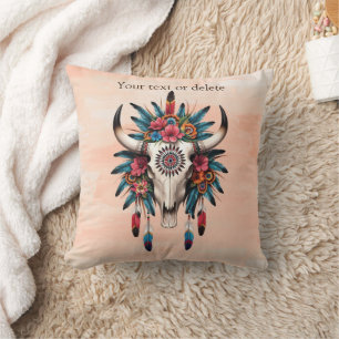Coussin Boho Chic Aquarelle Tribal Floral Vache Crâne