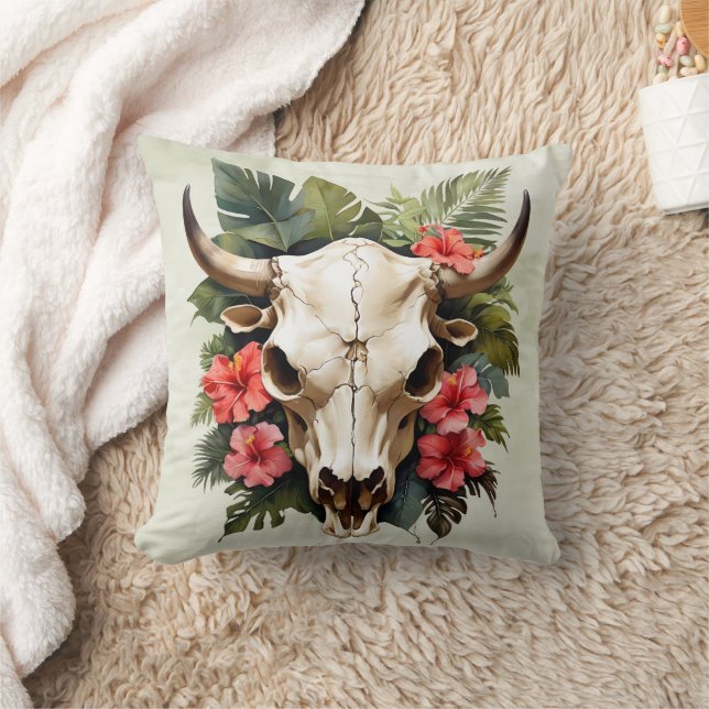 Coussin Boho Chic Aquarelle Tropicale Floral Vache Crâne (Couverture)
