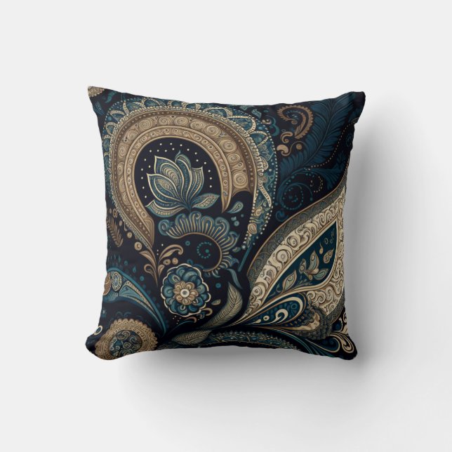 Coussin Boho Chic Bleu foncé Motif Paisley (Recto)