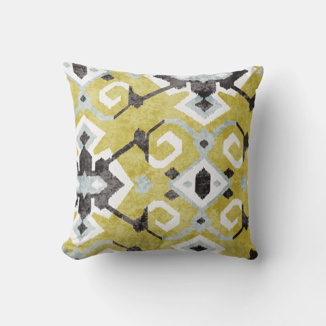 Coussin Boho chic gris foncé et jaune ikat motif tribal (Recto)