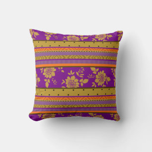 Coussin Boho Chic violet orange Motif à rayures florales