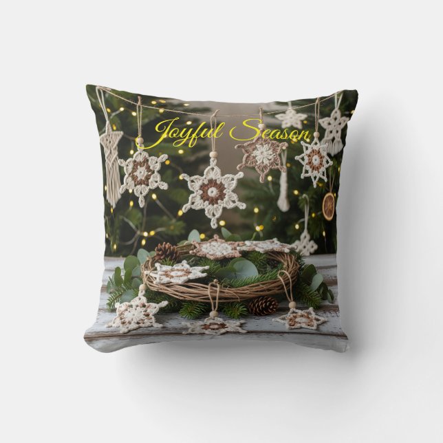 Coussin Boho Crochet Flocon de neige Noël Jeu d'oreiller (Recto)