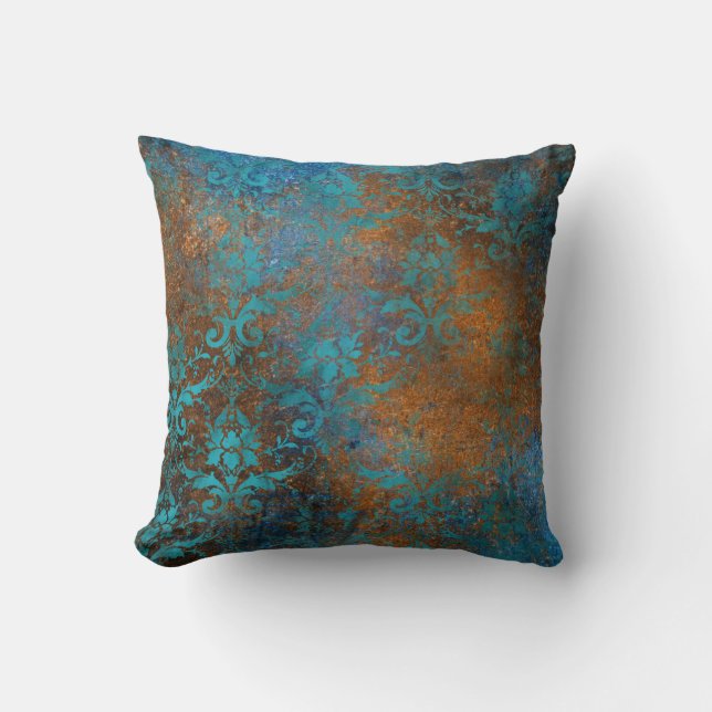 Coussin Boho Cuivre bleu Floral Damask Grunge (Recto)