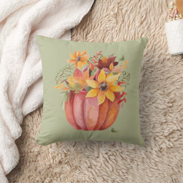 Coussin Boho d'automne Citrouille d'aquarelle vert (Couverture)