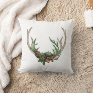Coussin Boho Deer Antlers   Floral de Noël rouge rustique