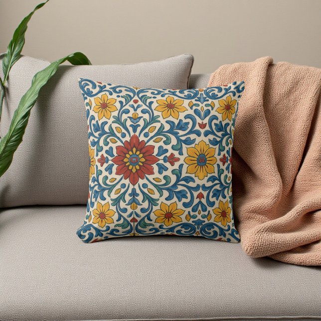Coussin Boho d'été fleuri bleu et blanc toscan (Tuscan Blue and White Floral Botanical Summer Boho Throw Pillow)