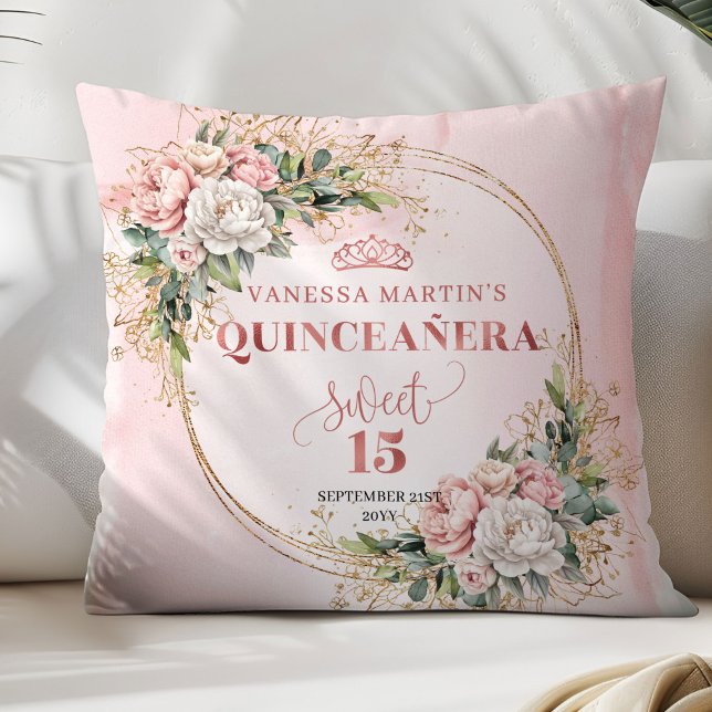 Coussin Boho Dusty Rose Floral Greenery Douzième Anniversa (Dusty Pink Floral Greenery Sweet 15 Birthday Pillow)