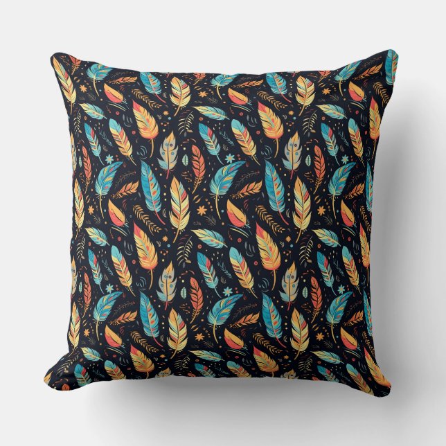 Coussin Boho Feuille rouge sienne bleu (Recto)
