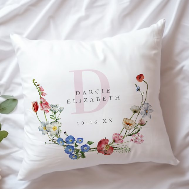 Coussin Boho Fleur sauvage Wreath Monogram Nursery (Créateur téléchargé)