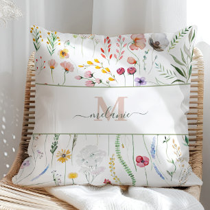 Coussin Boho Fleurs sauvages Nom personnalisé Monogramme