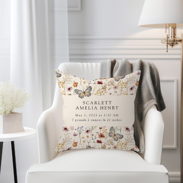 Coussin Boho Fleurs sauvages statistiques de naissance des (Boho Wildflowers Butterflies  Baby Birth Stats Throw Pillow by Painted Paperie
)
