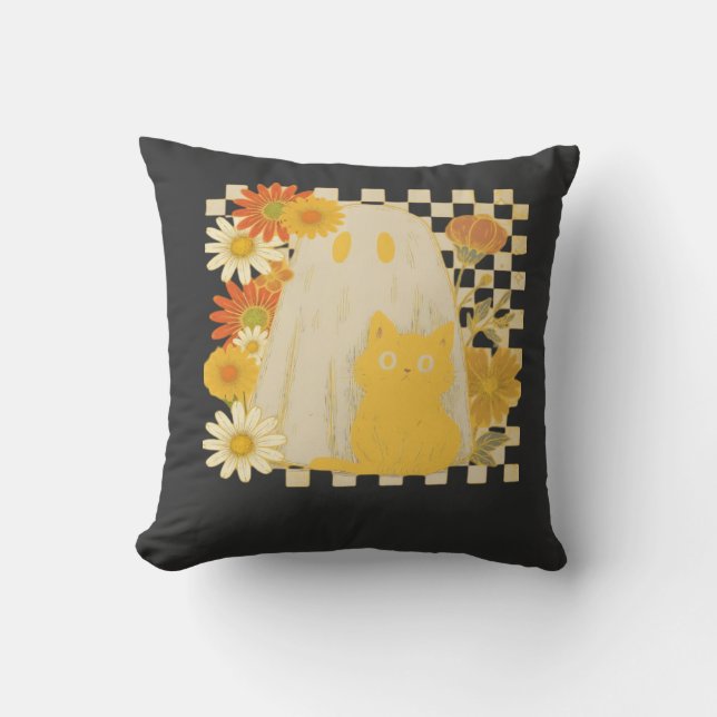 Coussin Boho Floral automne Fantôme et Chat Noir Halloween (Recto)