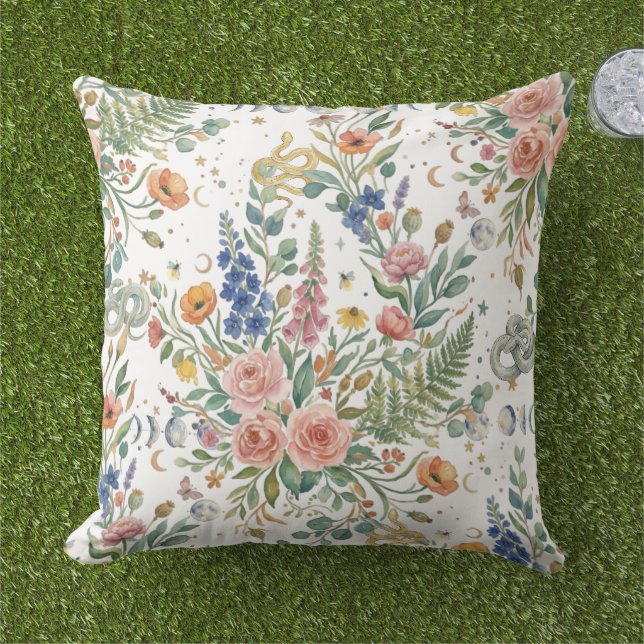 Coussin Boho Floral Céleste Lune & Serpents Botanique (Herbe)