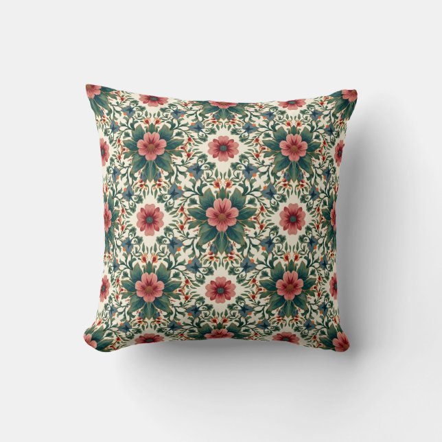 Coussin Boho Flower Magic - dans les tons vert et rose (Recto)