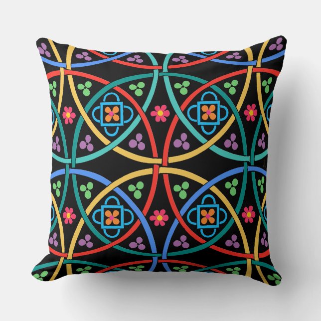 Coussin Boho Flower Power sur noir (Recto)