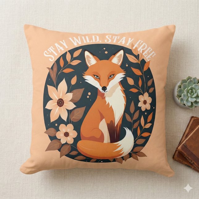Coussin Boho Fox "Reste Sauvage, Reste Libre" Conception d (Boho Fox Stay Wild, Stay Free Woodland Design Throw Pillow Mockup A)