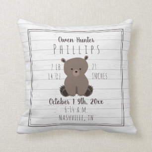Coussin Boho Gray Wood Bear Cub Baby Boy Biry Stats