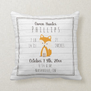 Coussin Boho Grey Fox Baby Boy Stats de naissance