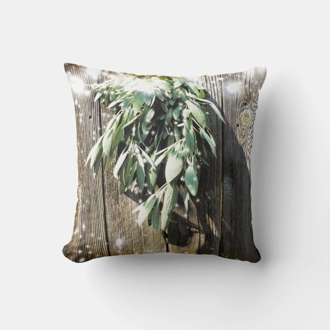 Coussin Boho herbes botaniques vertes grange bois scintill (Recto)