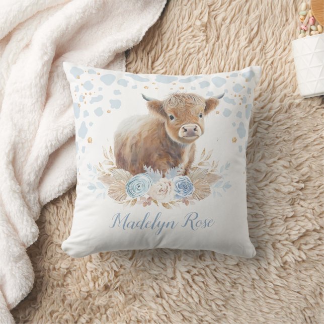 Coussin Boho Highland Cow Blue Gold Floral Baby Boy (Couverture)