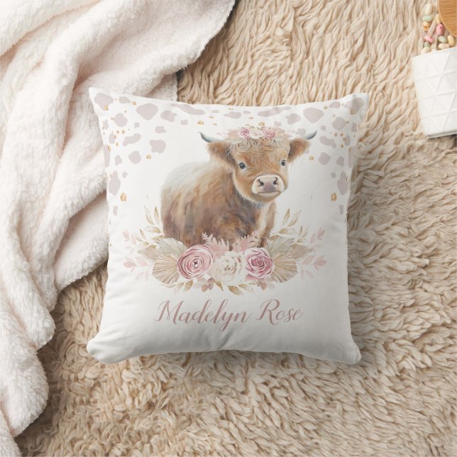Coussin Boho Highland Vache rose Or Floral Baby Girl (Couverture)
