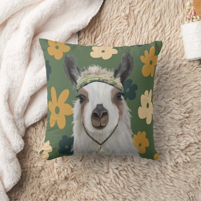 Coussin Boho Llama Green Retro Fleurs (Couverture)