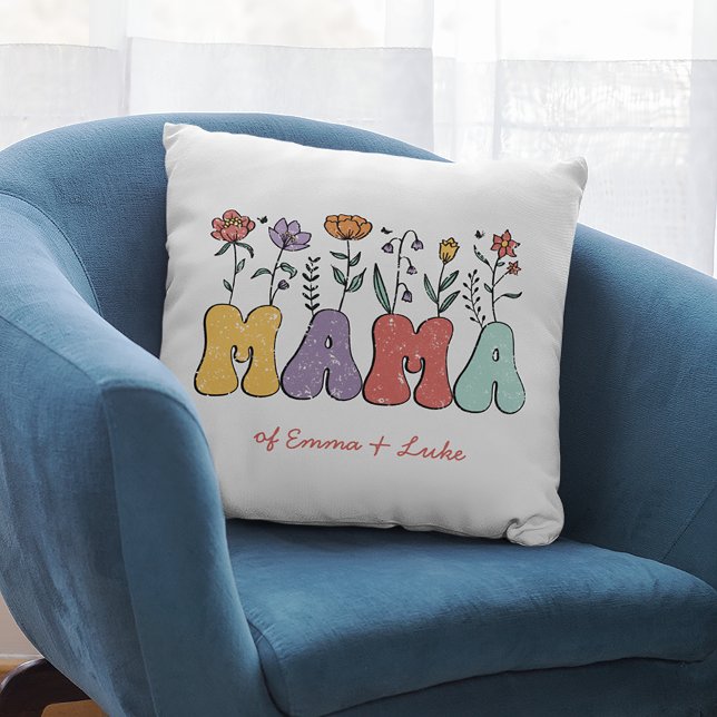 Coussin Boho Mama Texte avec Fleurs et Noms d'Enfants (Créateur téléchargé)
