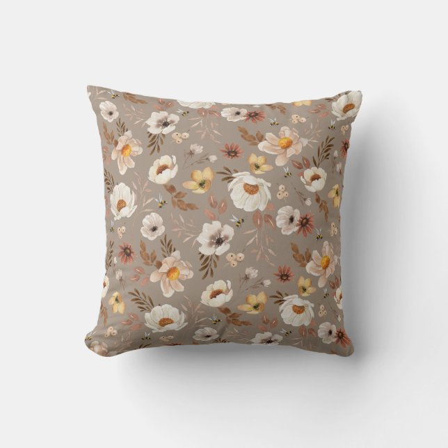 Coussin Boho neutre aquarelle florale (Recto)