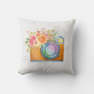 Coussin Boho Orange Caméra & Bouquet Floral Aquarelle