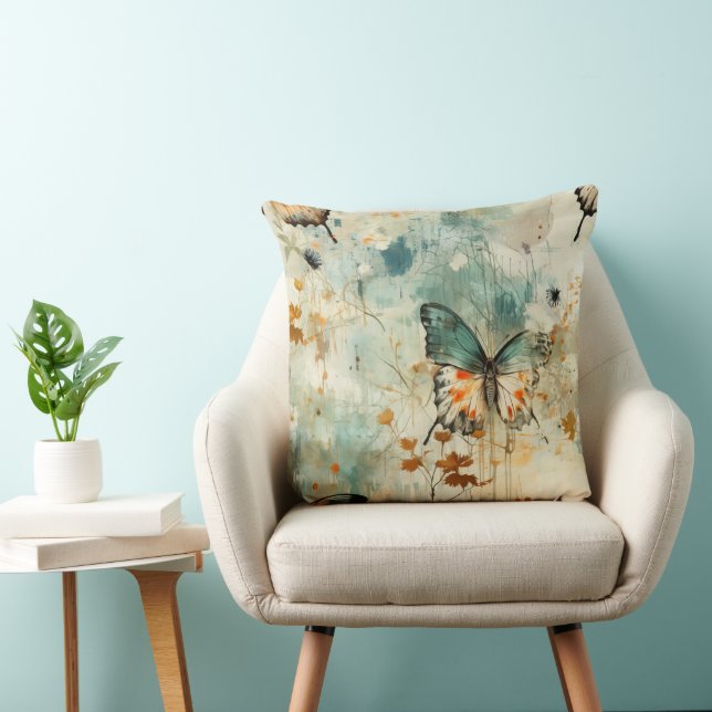 Coussin Boho Orange Teal Papillon Fleur Sauvage Peint (Chaise)