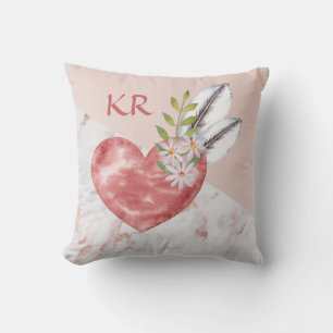 Coussin Boho Pink Heart Feaths Marble Motif Initiales