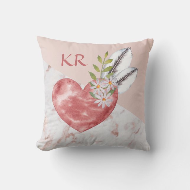 Coussin Boho Pink Heart Feaths Marble Motif Initiales (Recto)