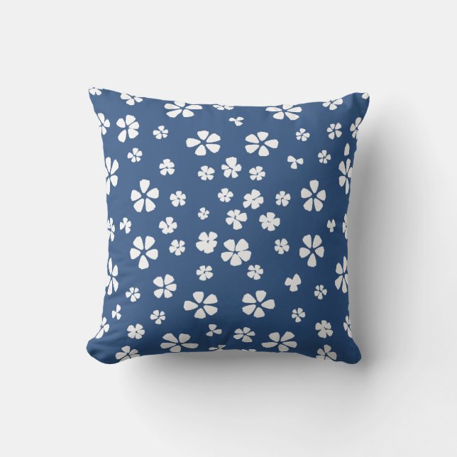Coussin Boho rétro blanc fleur sauvage bleu (Recto)