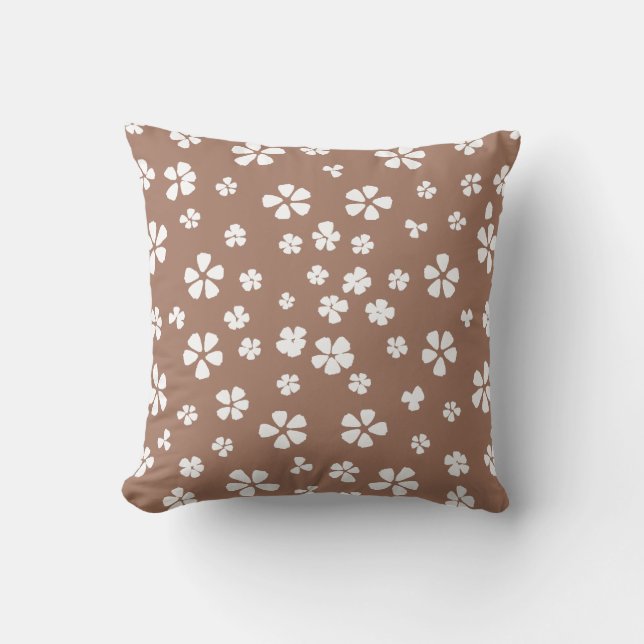Coussin Boho rétro blanc fleur sauvage mocha brun (Recto)