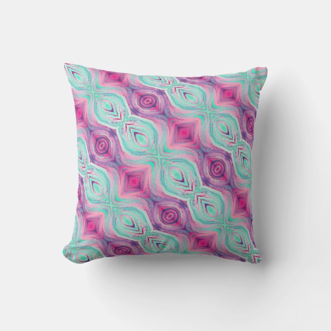 Coussin Boho réversible Motif Aqua rose violet (Recto)
