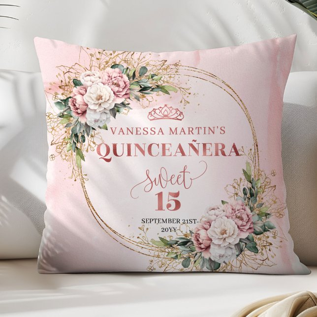 Coussin Boho Rose Gold Floral Greenery Mis Quince Birthday (Rose Gold Floral Greenery Mis Quince Birthday Pillow)