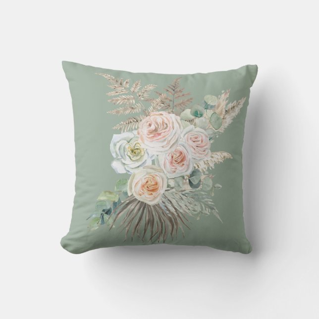 Coussin Boho rustique À feuillage persistant rose floral P (Recto)