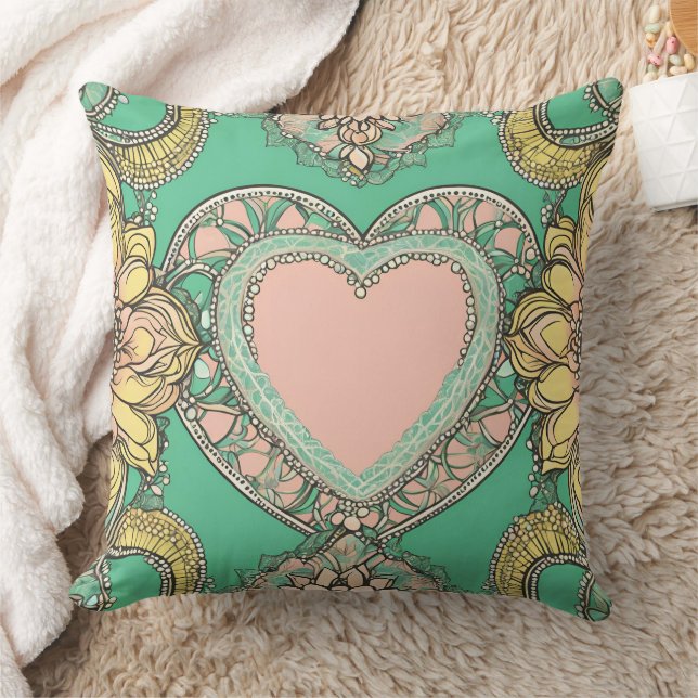 Coussin Boho sarcelle & jaune cœur mandala floral art IA  (Couverture)