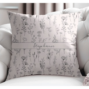 Coussin Boho simple Motif botanique rose pâle