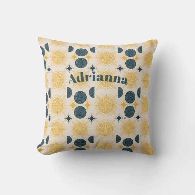 Coussin Boho Sun Moon Stars Blue Yellow Personnalisé (Recto)