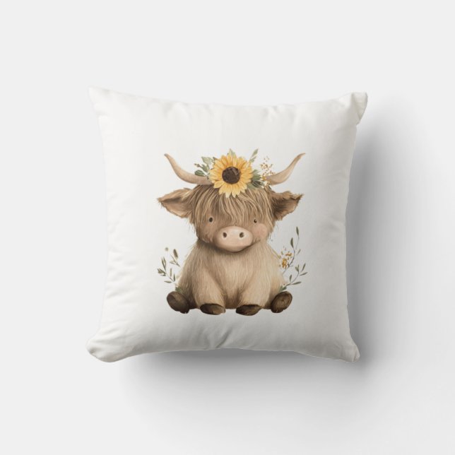 Coussin Boho Sunflower Highland Cow (Recto)