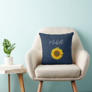 Coussin Boho Sunflower Navy Bleu Élégant Floral