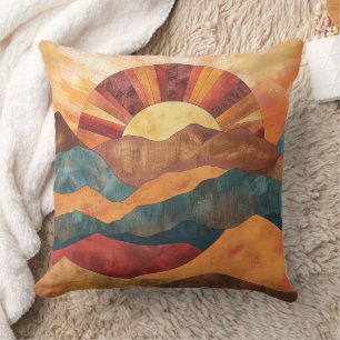 Coussin Boho Sunset Over Mountains - Paysage Rétro